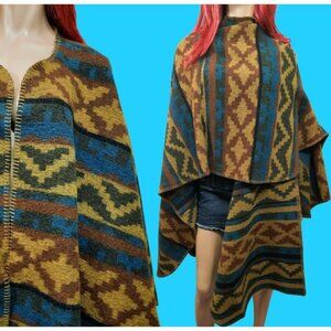 Vintage 90s Wool Blanket Coat Wrap Cape Poncho Southwestern Aztec One Size Boho